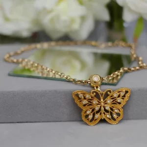 Colar elo português borboleta cravejado de zircônias
