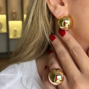 Conjunto Anel e Brinco dourados meia esfera