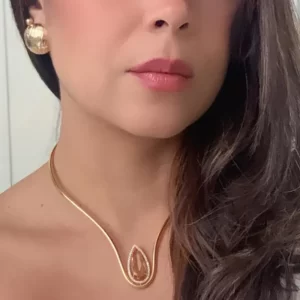 Conjunto Brinco Botão com Choker Pingo Pedra de Cristal